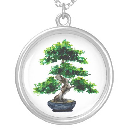Japanese Watercolor Bonsai Tree Silver Plated Necklace