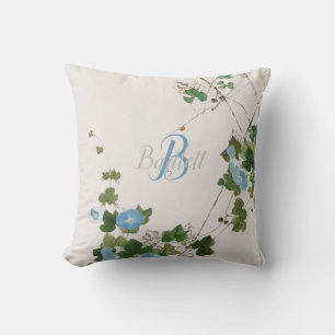 Japanese Watercolor Botanical Blue Flower Throw Pillow