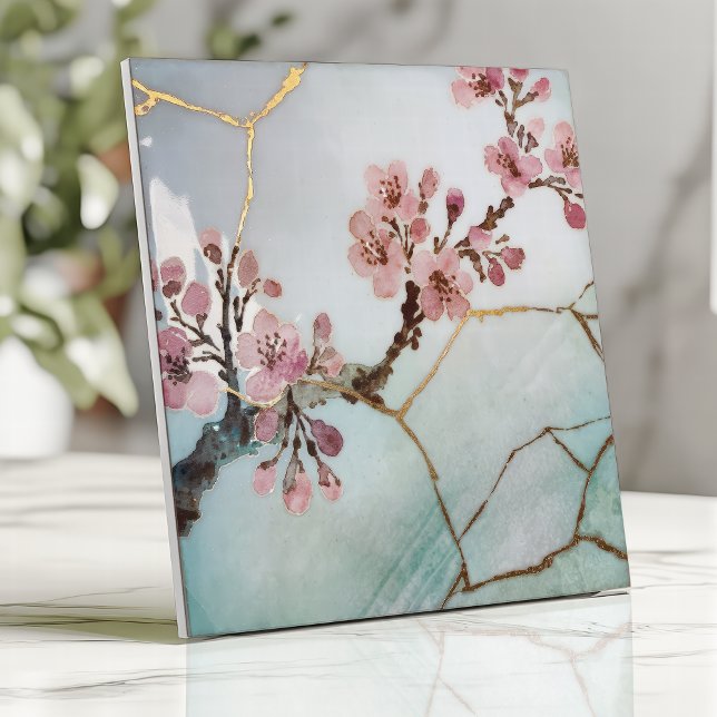 HealingCherry ヒーリングテーリー approx.600 Japanese Watercolor Cherry Blossom Kintsugi Ceramic Tile | Zazzle
