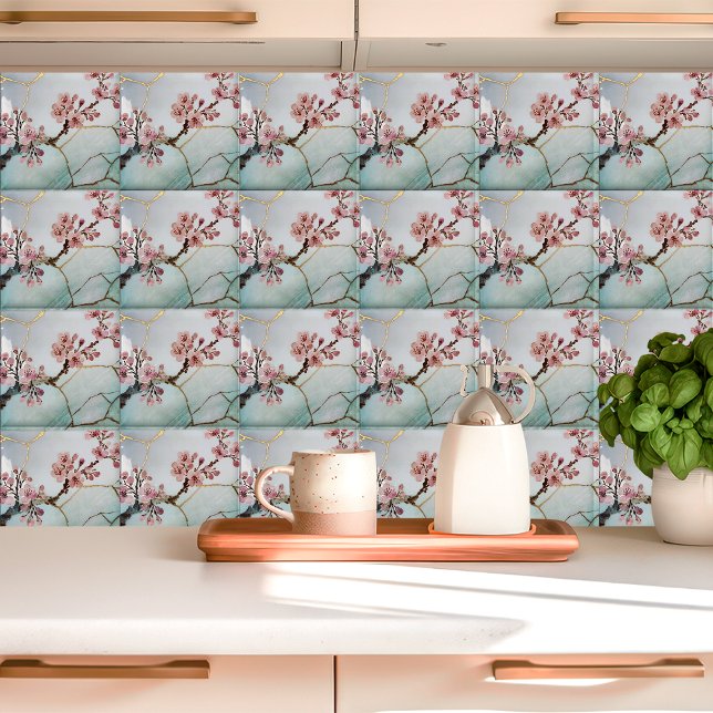 Japanese Watercolor Cherry Blossom Kintsugi Ceramic Tile | Zazzle