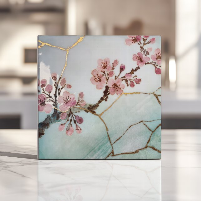 Japanese Watercolor Cherry Blossom Kintsugi Ceramic Tile | Zazzle