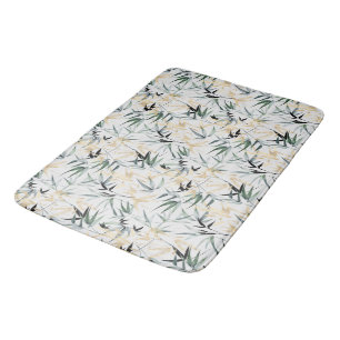Japanese Watercolor Gold Green Bamboo Pattern Bath Mat