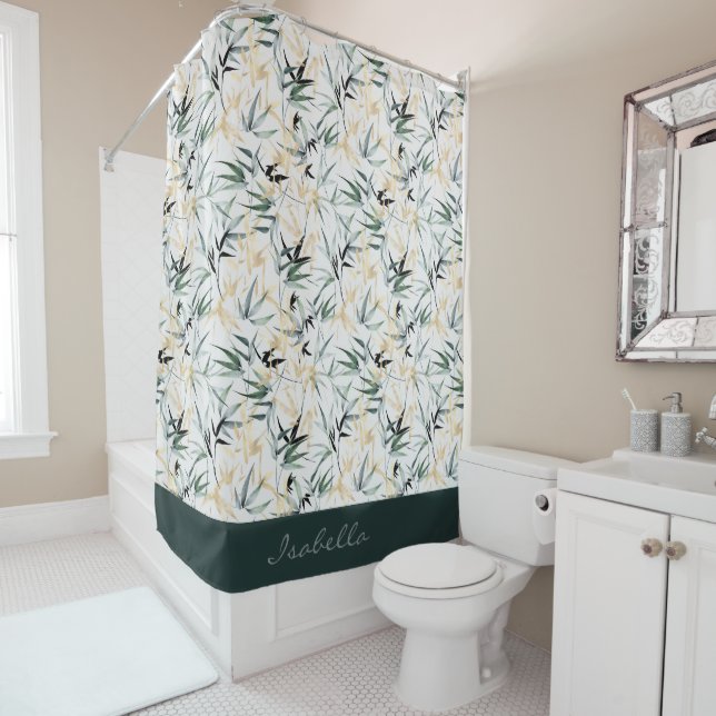 Japanese Watercolor Gold Green Bamboo Pattern Shower Curtain (In Situ)