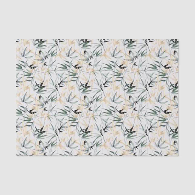 Japanese Watercolor Green Gold Bamboo Decoupage Tissue Paper (Front)