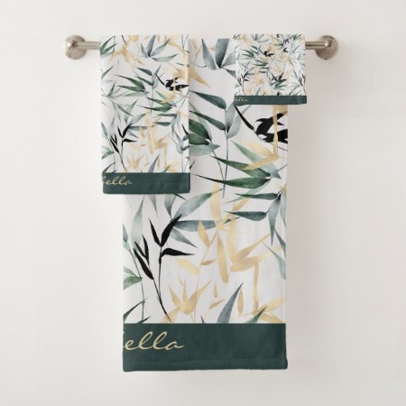 Japanese Watercolor Green Gold Bamboo Pattern Bath Towel Set