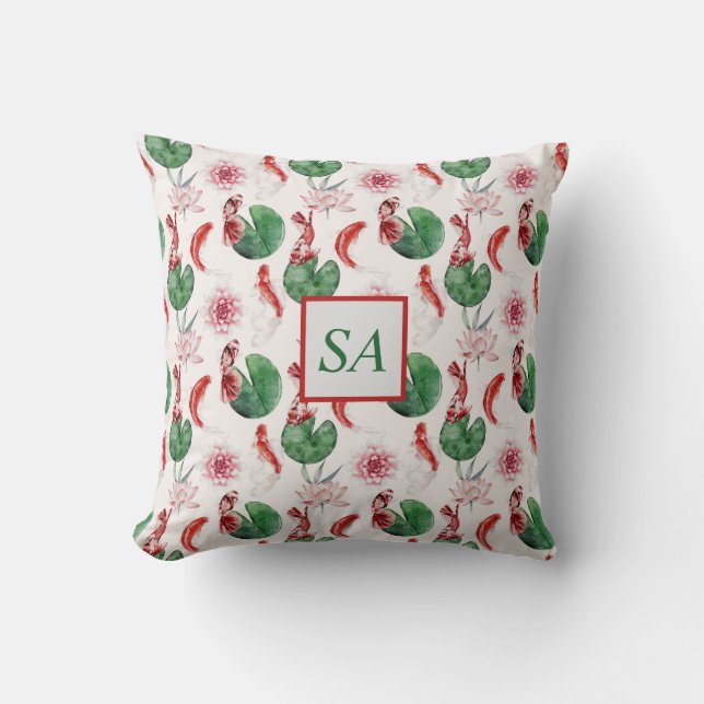 Japanese Watercolor Koi Fish Lotus  Throw Pillow (Front)