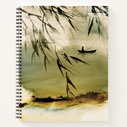 Japanese watercolor landscape man paddling boat notebook