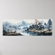 Japanese Watercolor Landscape Mountain Lake