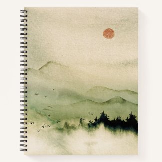Japanese watercolor landscape red sun birds misty  notebook