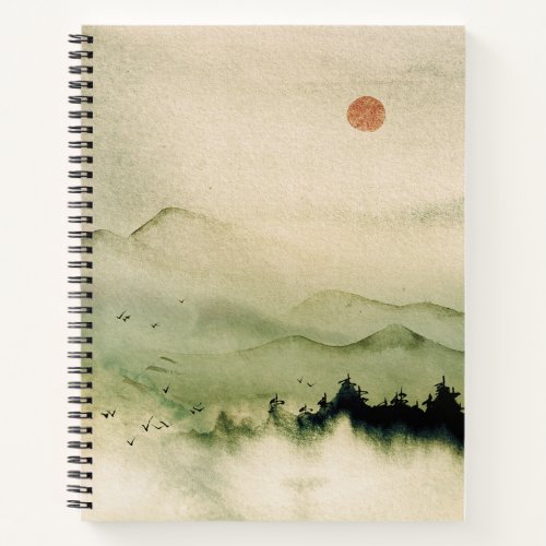 Japanese watercolor landscape red sun birds misty  notebook