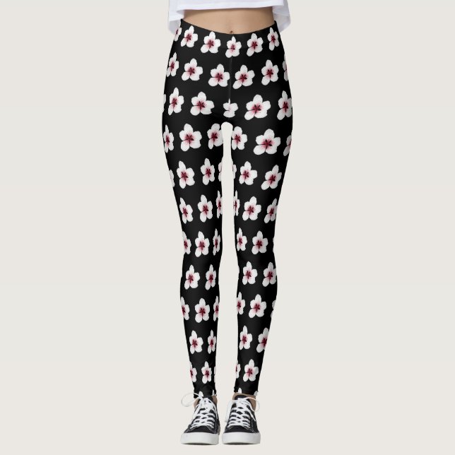 Japanese Watercolor Sakura Blossom Pink Black Leggings (Front)
