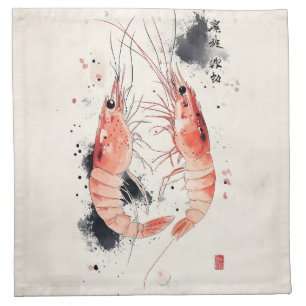 Japanese Watercolor Shrimp Art with Calligraphy Cloth Napkin