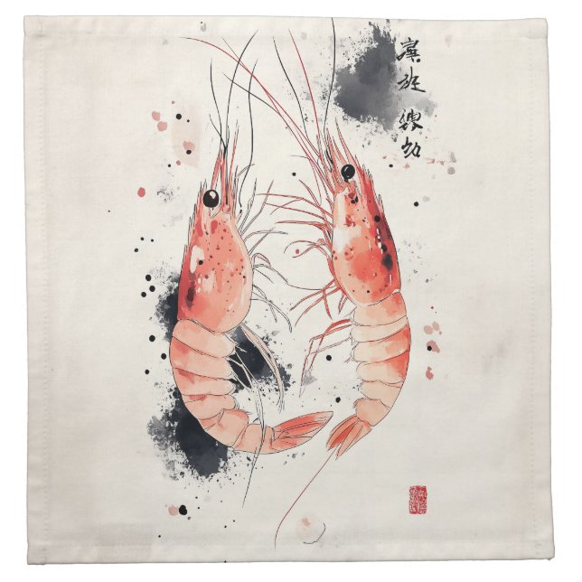 Japanese Watercolor Shrimp Art with Calligraphy Cloth Napkin (Front)