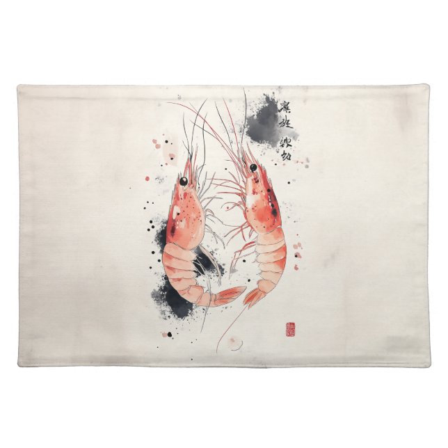 Japanese Watercolor Shrimp Art with Calligraphy Cloth Placemat (Front)