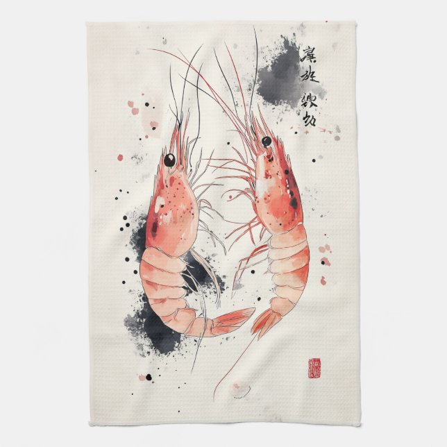 Japanese Watercolor Shrimp Art with Calligraphy Kitchen Towel (Vertical)