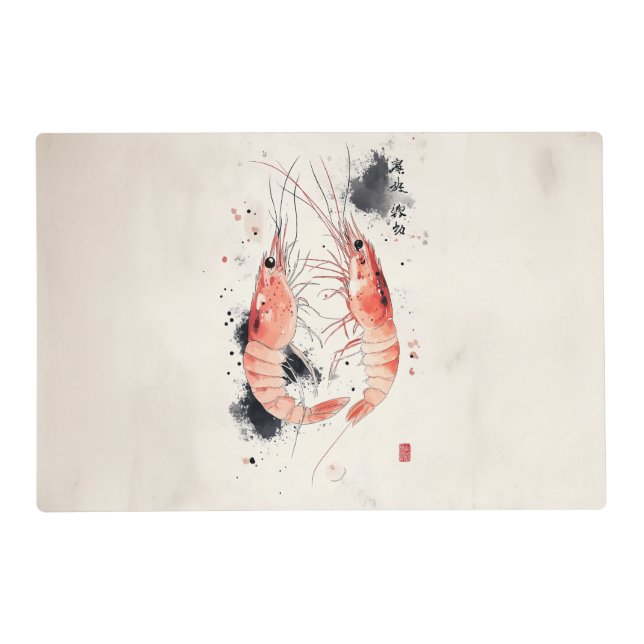 Japanese Watercolor Shrimp Art with Calligraphy Placemat (Front)