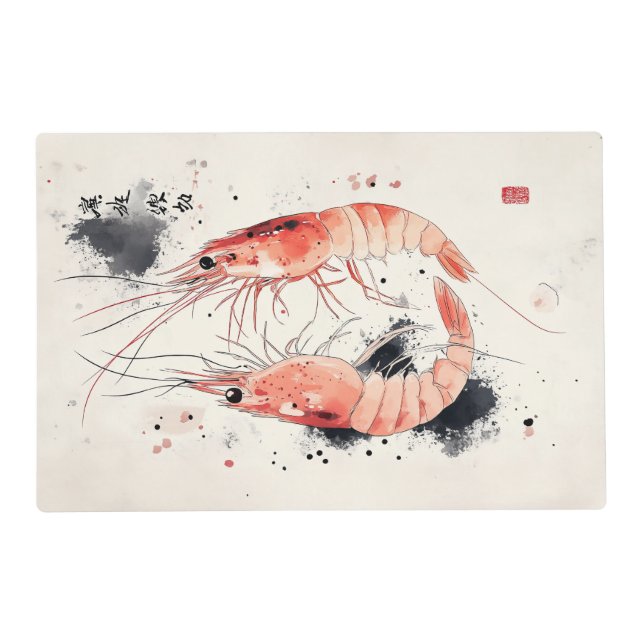 Japanese Watercolor Shrimp Art with Calligraphy Placemat (Front)