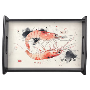 Japanese Watercolor Shrimp Art with Calligraphy Serving Tray
