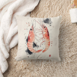 Japanese Watercolor Shrimp Art with Calligraphy Throw Pillow