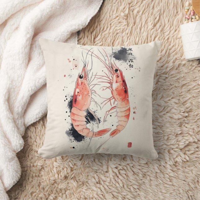 Japanese Watercolor Shrimp Art with Calligraphy Throw Pillow (Blanket)