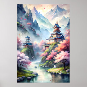 Japanese Watercolor Village   Zen Landscape Print