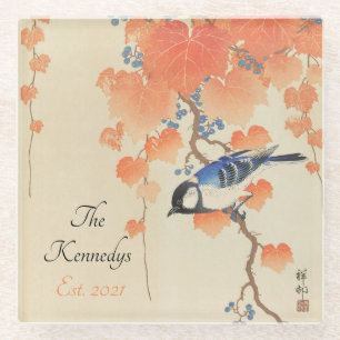 Japanese Watercolor Vintage Print With Bird Glass Coaster
