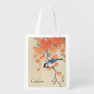 Japanese Watercolor Vintage Print With Bird Grocery Bag