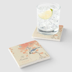 Japanese Watercolor Vintage Print With Bird Stone Coaster