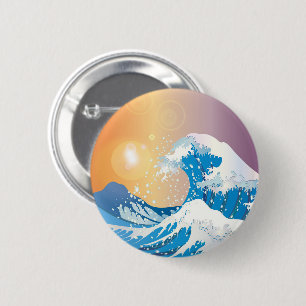 Japanese Wave Art Sunset Ocean Button