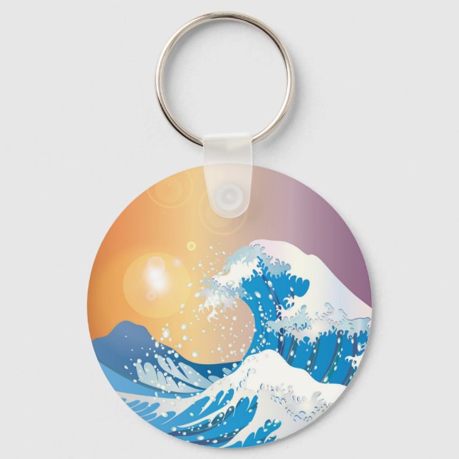 Japanese Wave Art Sunset Ocean Keychain (Front)