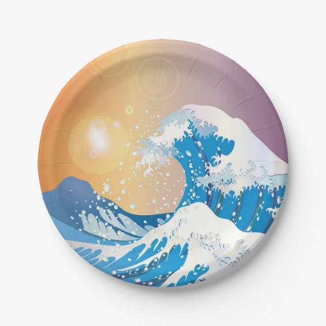 Japanese Wave Art Sunset Ocean Paper Plates (Front)