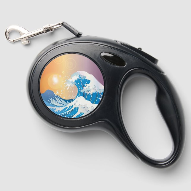 Japanese Wave Art Sunset Ocean Retractable Pet Leash (Front)