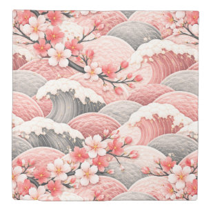 Japanese Wave Cherry Blossom Pattern Pink Coral Duvet Cover