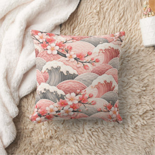 Japanese Wave Cherry Blossom Pattern Pink Coral Throw Pillow