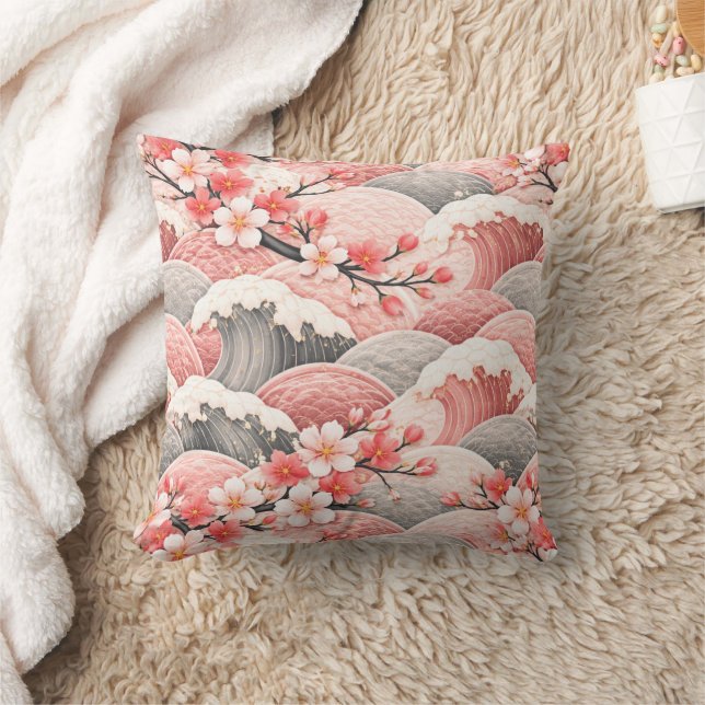 Japanese Wave Cherry Blossom Pattern Pink Coral  Throw Pillow (Blanket)
