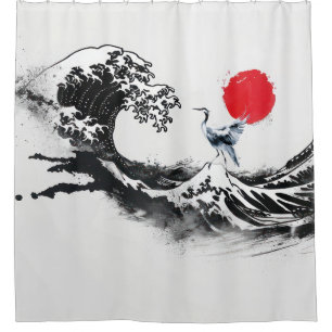 Japanese Wave  , Heron, minimal painting art  Shower Curtain
