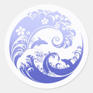 Japanese Wave & Hibiscus Blue Classic Round Sticker