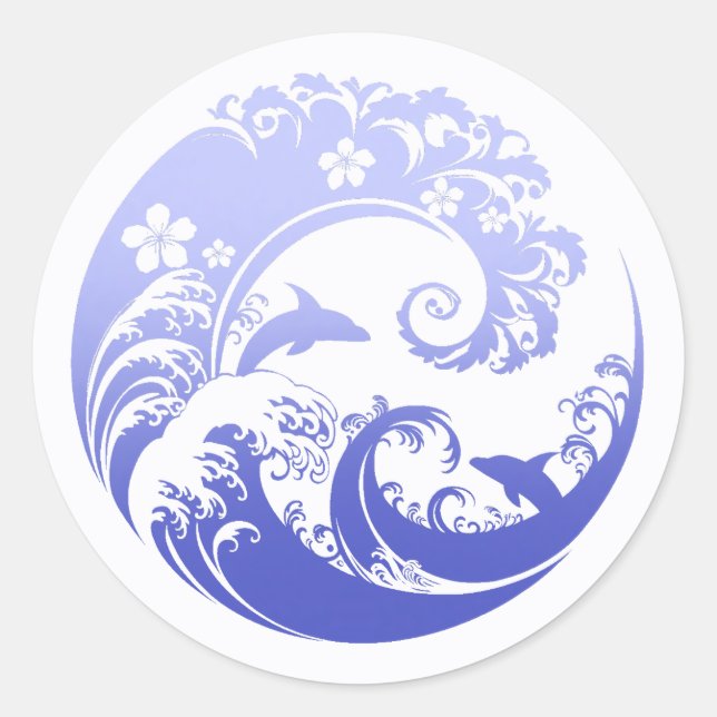 Japanese Wave & Hibiscus Blue Classic Round Sticker (Front)