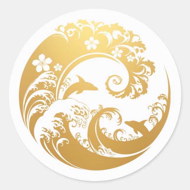 Japanese Wave & Hibiscus Gold  Classic Round Sticker (Front)