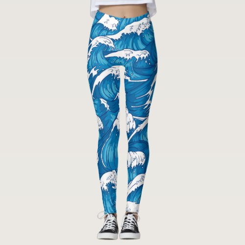 Japanese Wave Painting Artsy Blue White Leggings