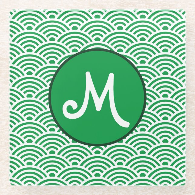 Japanese Wave Pattern and Monogram Glass Coaster (Front)