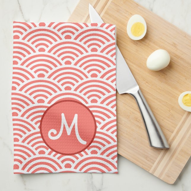Japanese Wave Pattern and Monogram Kitchen Towel (Quarter Fold)