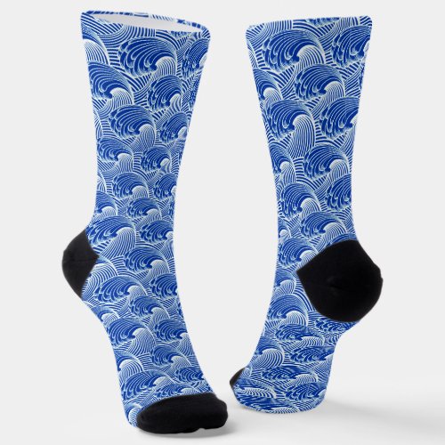 Japanese Wave Pattern Cobalt Blue and White  Socks