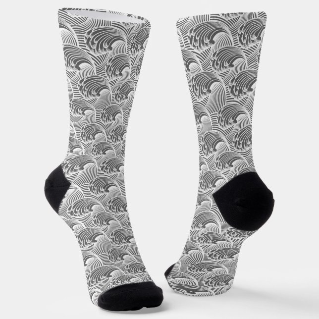 Japanese Wave Pattern Gray / Grey and White  Socks (Angled)