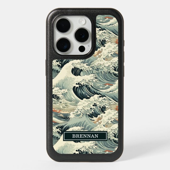 Japanese Wave Pattern Monogrammed iPhone 15 Pro Case (Back)