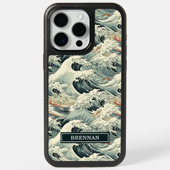 Japanese Wave Pattern Monogrammed iPhone 15 Pro Max Case (Back)