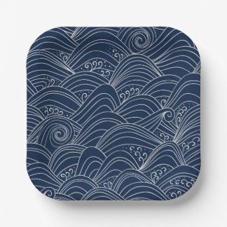Japanese wave pattern motif dark blue white  paper plates