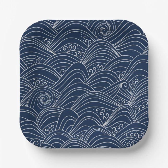 Japanese wave pattern motif dark blue white  paper plates (Front)