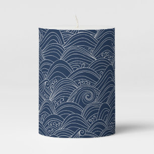 Japanese wave pattern motif dark blue white pillar candle