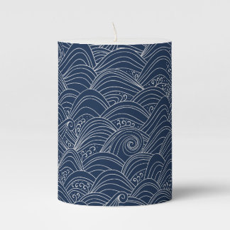 Japanese wave pattern motif dark blue white pillar candle